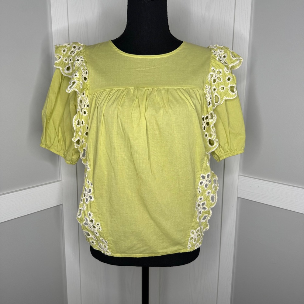 Strut‎ & Bolt Blouse Women Size M Lime Green Eyelet Ruffle Relaxed Fit Top